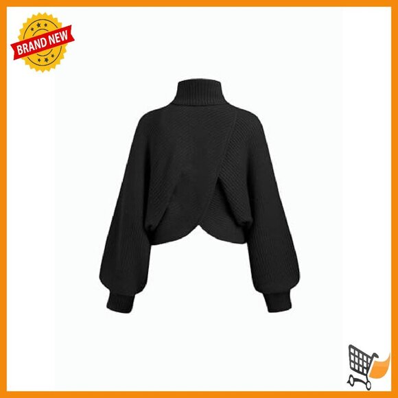 Cropped Turtleneck Sweater Ribbed Knit Lantern Sleeve Pullover Fall - Picture 6 of 8